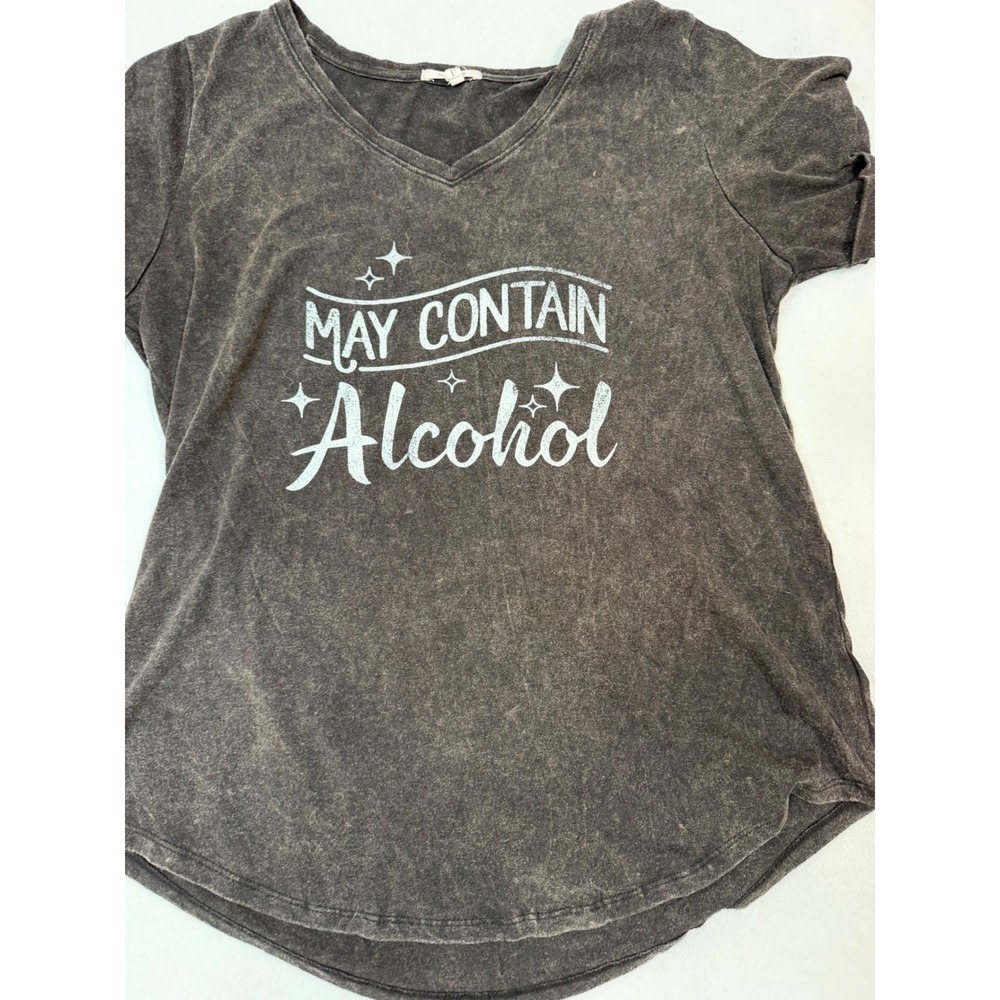 Maurices Womens May Contain Alcohol Acid Wash Graphic Tee Gray V-Neck Large